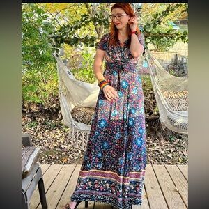Boho maxi wrap dress, navy, red, mustard floral